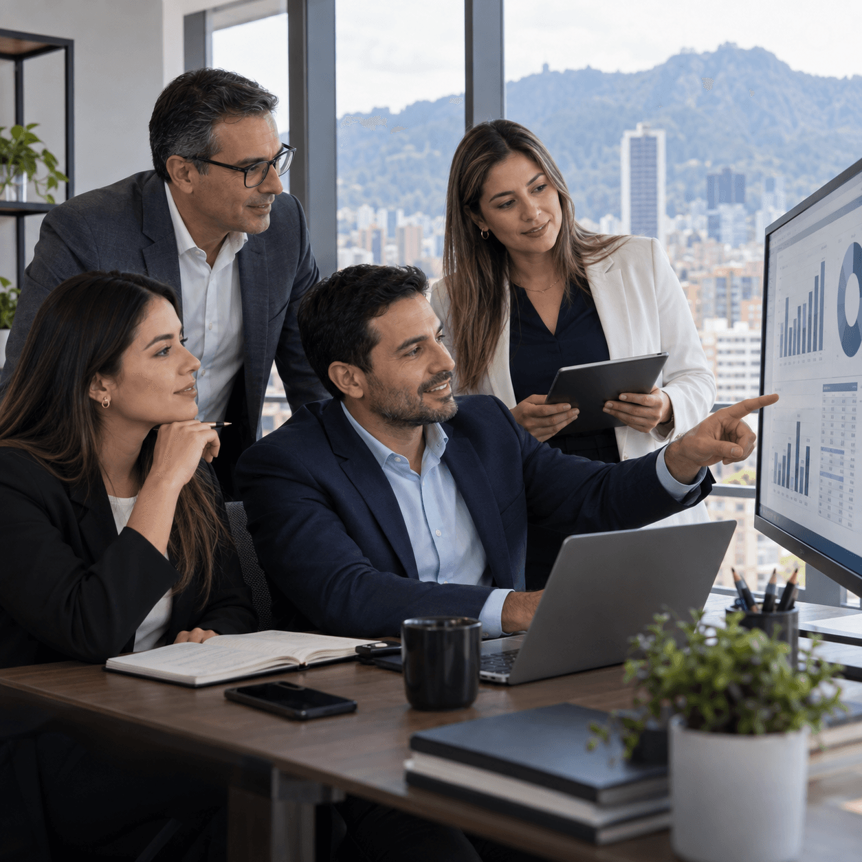 Equipo empresarial analizando indicadores administrativos